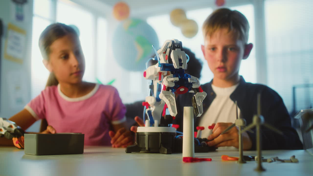 Children building a robot in a classroom setting
