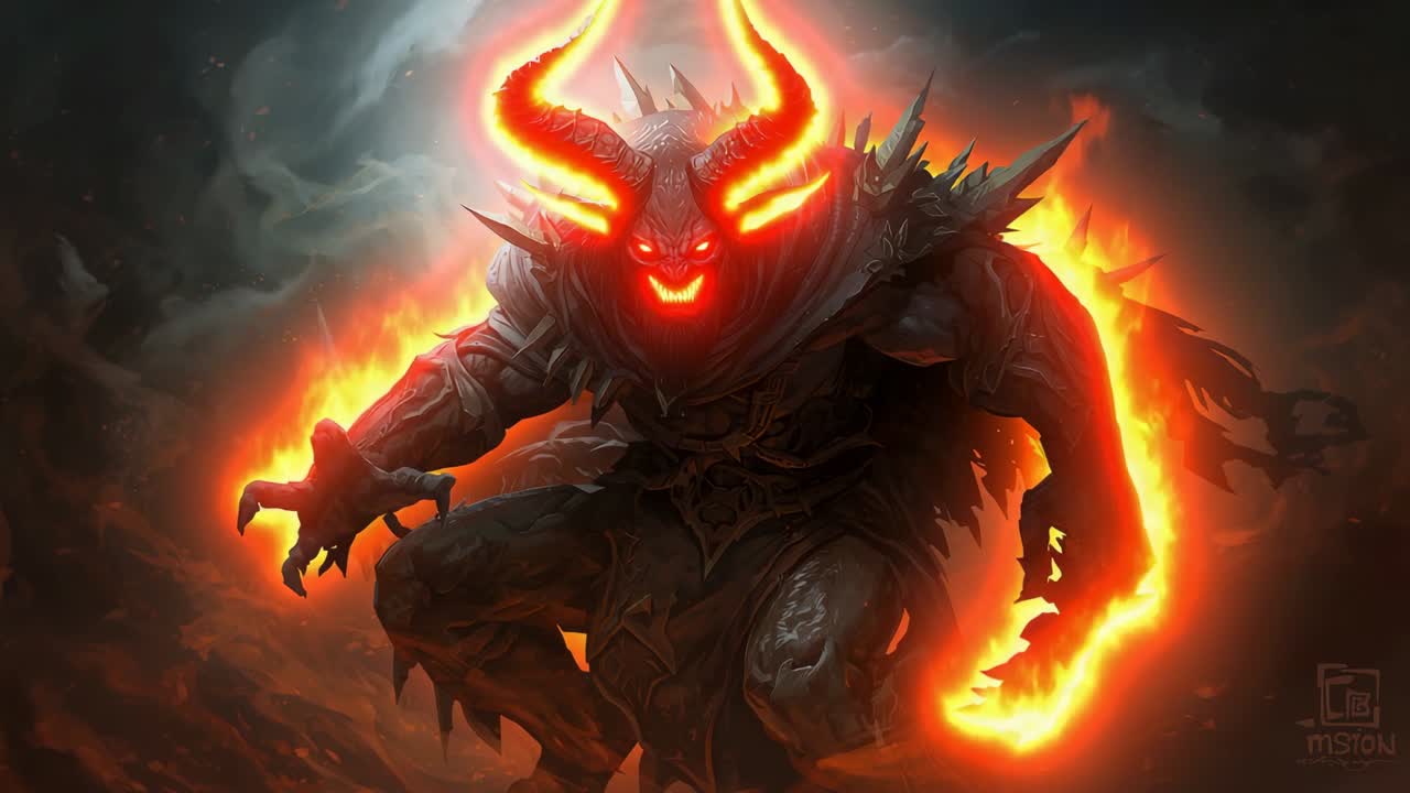 Unleashing magma armored demonic warrior charging fiery realm, with blazing horns and molten arm