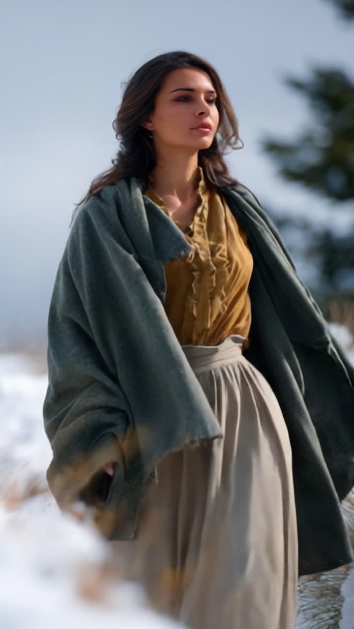 Eine ruhige Winterszene mit einer elegant in weiche Schichten gekleideten Frau, die die Essenz von Ruhe und Anmut inmitten einer verschneiten Landschaft einfängt