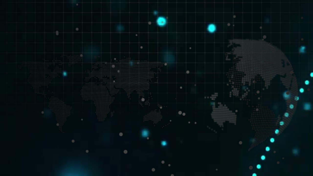 Animation of world map with glowing blue dots and grid pattern in digital style