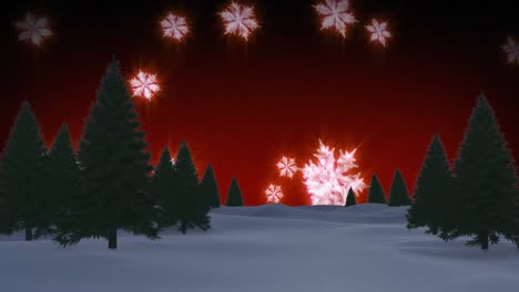 Animation-of-snow-falling-over-trees-on-red-background