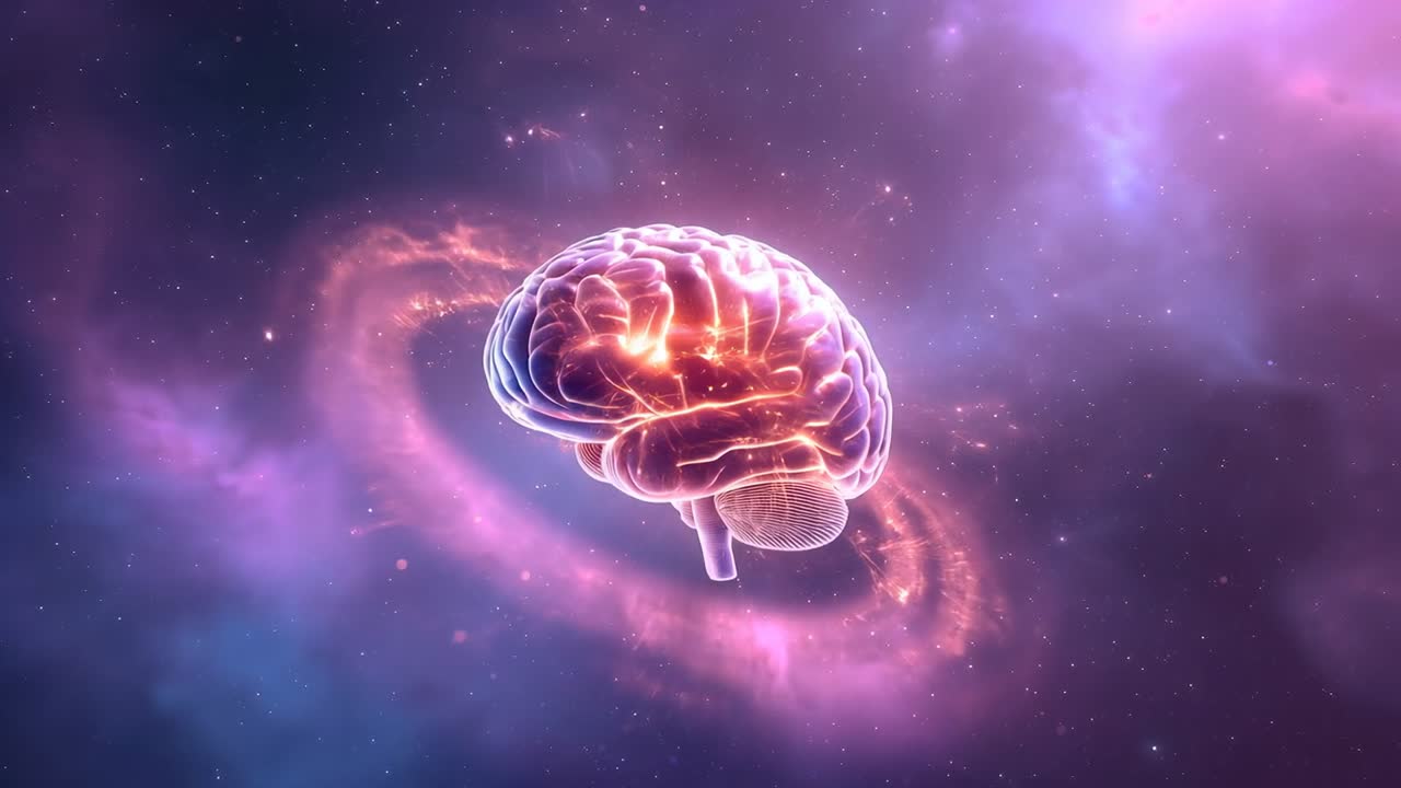 Ologramma di un cervello rotante che reagisce a una nebulosa a spirale che si illumina nello spazio, con percorsi neurali pulsanti