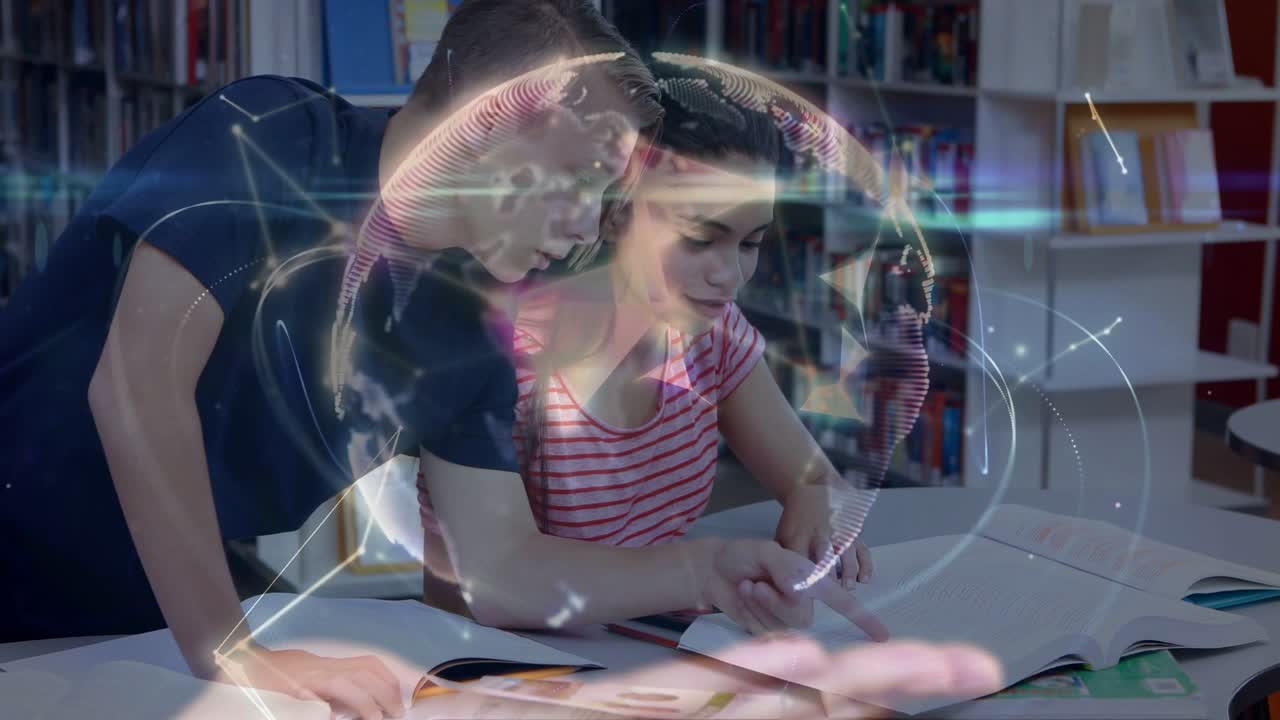 Male teen pointing while female teen tracking textbooks, causing globe overlay for group study