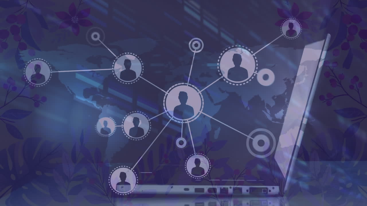 Animation of network of connections and data processing over laptop and world map