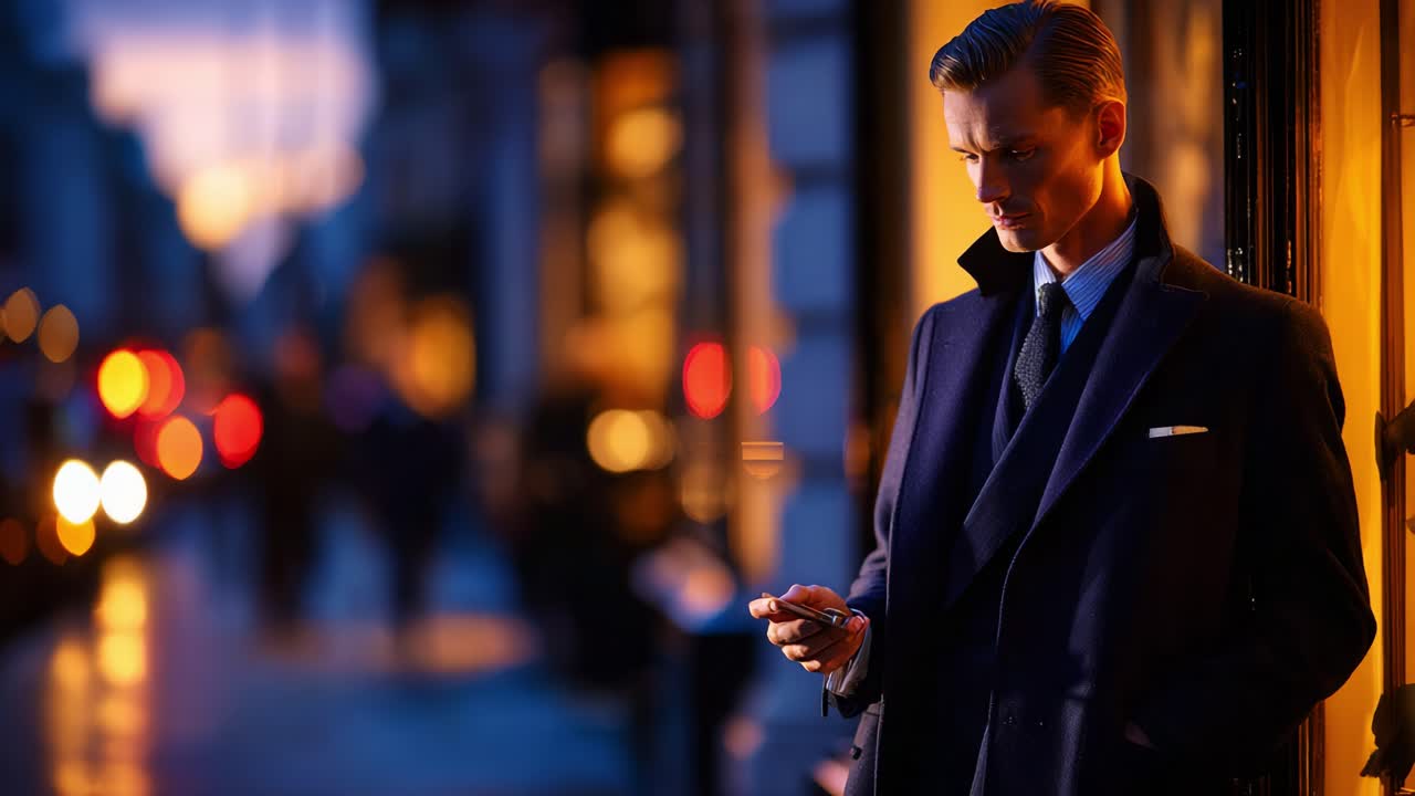 En stilig kledd mann bruker smarttelefonen sin i skumringen, omgitt av et urbant bakteppe fremhevet av varme gatelys og uskarpe forbipasserende som går i ett med kveldsgløden