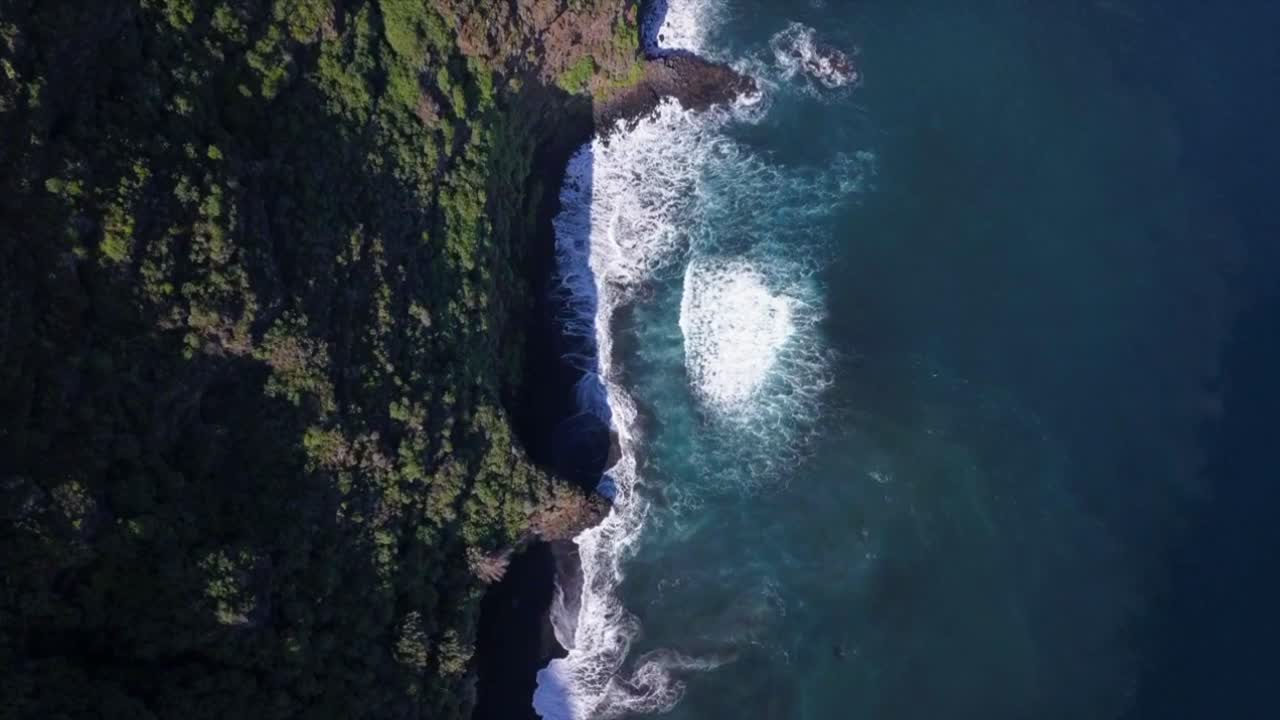 Waves Rushing On Cliffs At Nogales Black Volcanic Sand Beach, Aerial