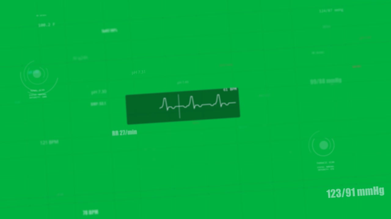 Visuale che si inclina, ECG che svanisce, nodi che pulsano, letture che si aggiornano, monitoraggio dei parametri vitali su sfondo trasparente