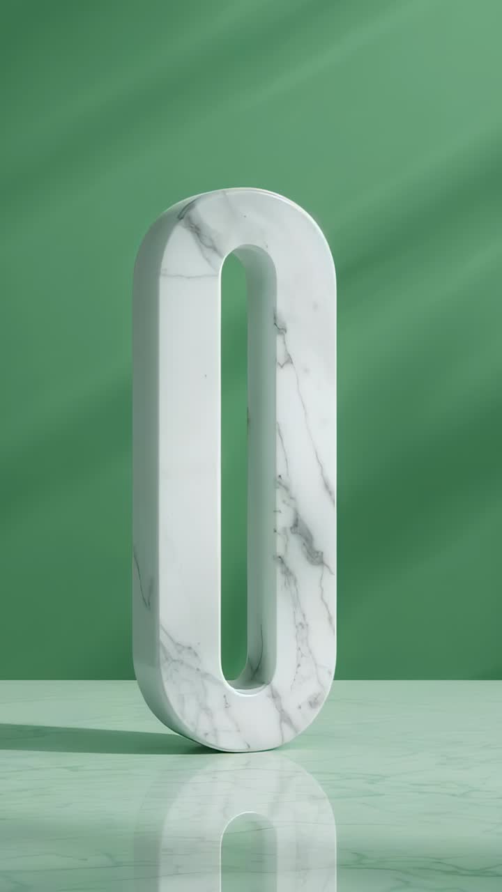 Vertical video: Initiating marble numeral zero rotating on reflective tabletop, revealing edge
