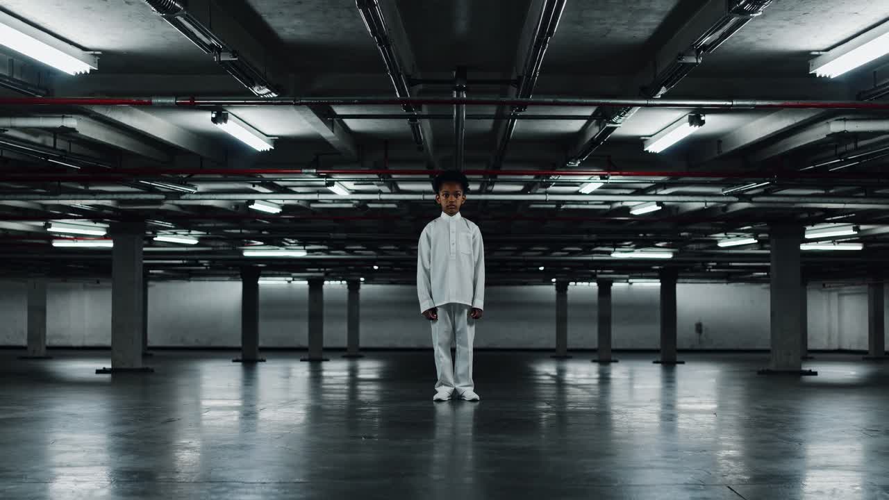 Young boy standing alone in the center of a deserted parking garage, dressed in white clothes, surrounded by industrial lights and pipes, evoking feelings of solitude and vulnerability