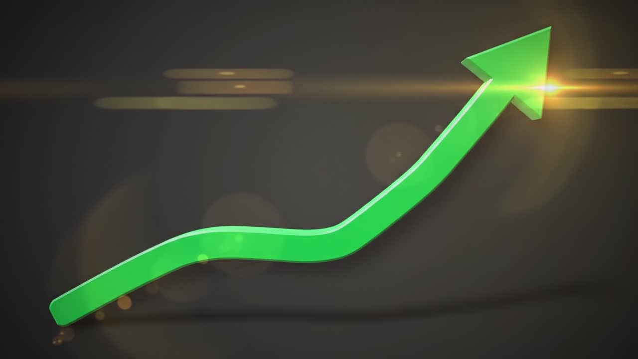 A green arrow illustrates an upward trend in performance metrics. The context is a business review session discussing financial growth and market prospects.