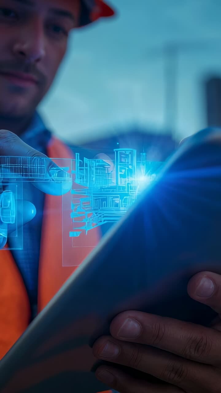 Vertical video: Hologram appearing worker hard hat and vest tapping tablet at site updating model