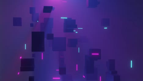 Animation-of-glowing-light-trails-moving-over-cubes-on-purple-background