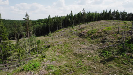 Empty-hillside-due-to-deforestation-clear-cutting-and-logging-industry,-aerial-pedestal-pan