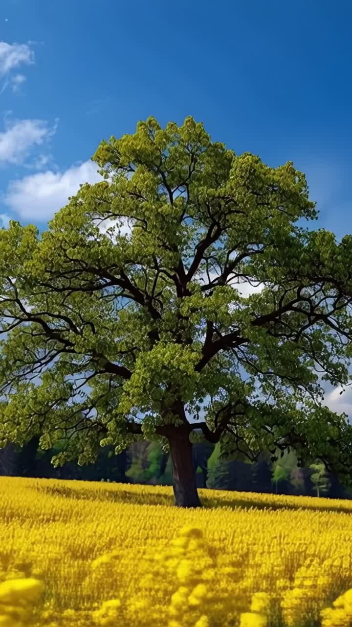 A Lush Green Tree in a Vibrant Yellow Field Under a Bright Blue Sky, Capturing the Beauty of Nature's Splendor in Two Stunning Frames