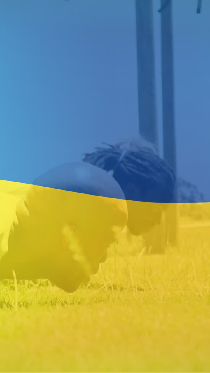Animazione di soldati diversi durante l'addestramento sulla bandiera dell'Ucraina