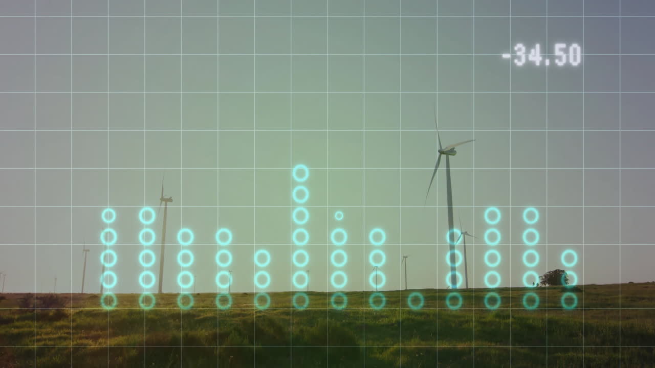Digital data animation overlay on wind turbines in field generating energy