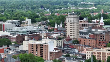 downtown of american city with office complex and skyscrapers. aerial zoom shot. lancaster, pennsylvania. wide shot.