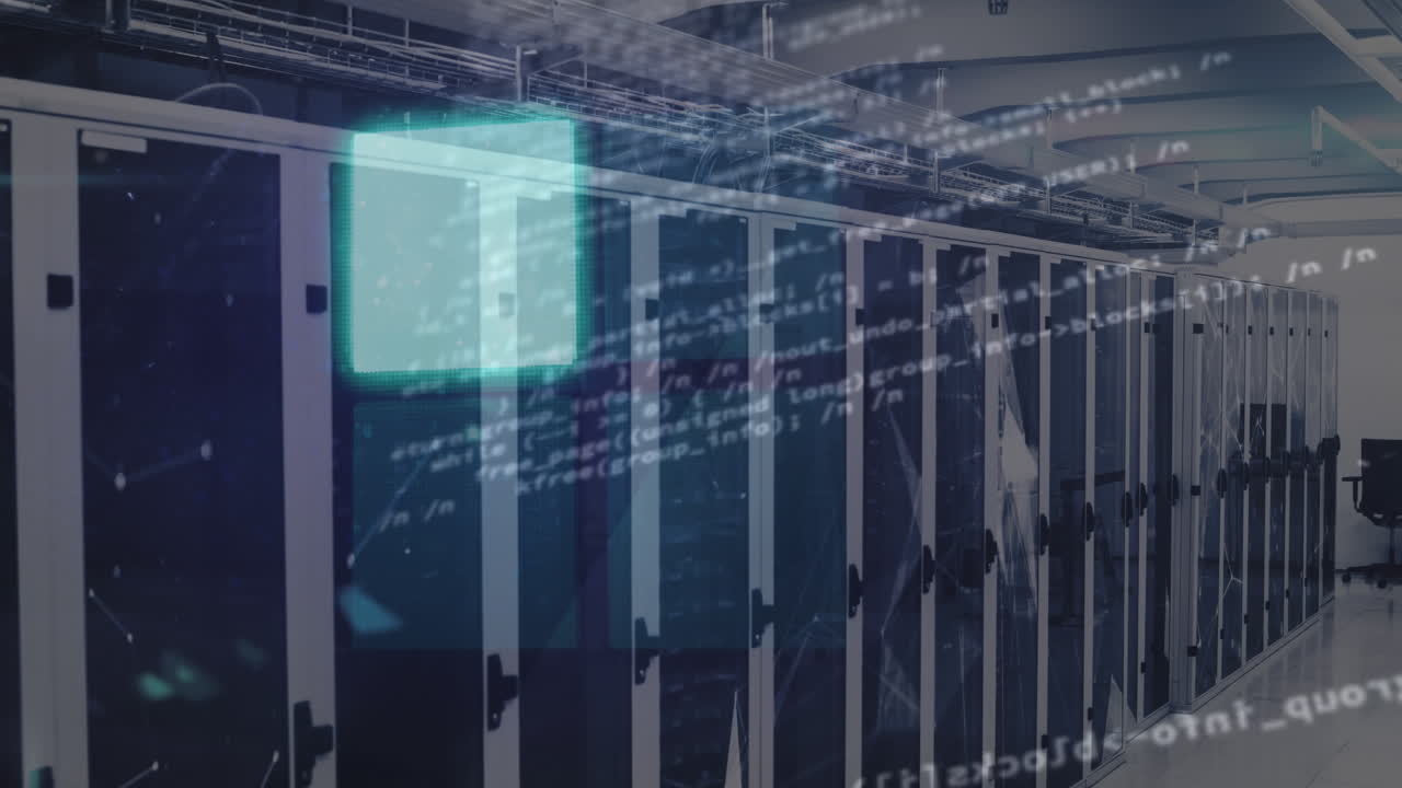 Animation of loading ring over data processing and server room