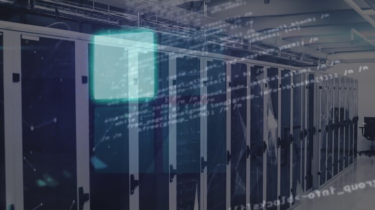 Animation of loading ring over data processing and server room