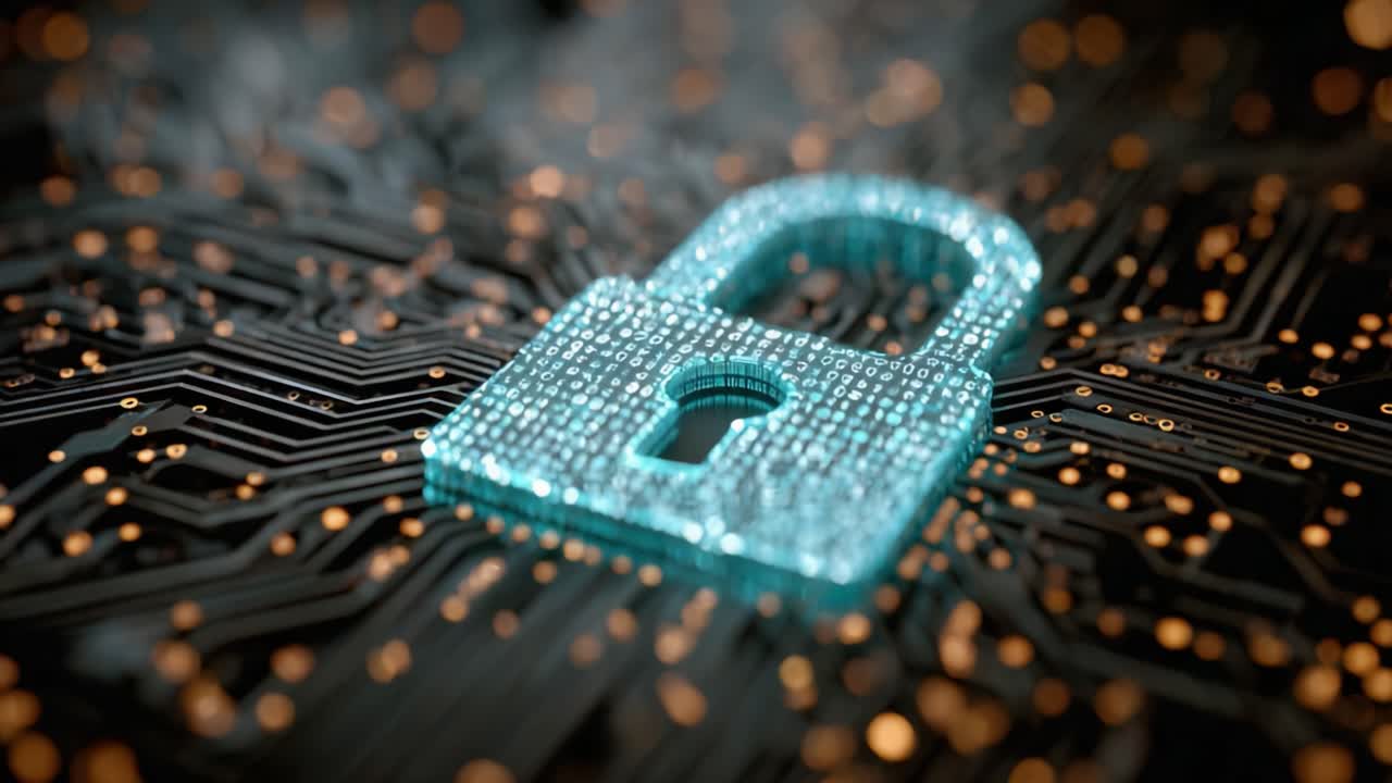 Modern Cybersecurity Concept Featuring a Glowing Digital Padlock on a Circuit Board, Symbolizing Data Protection and Encryption in the Digital Age