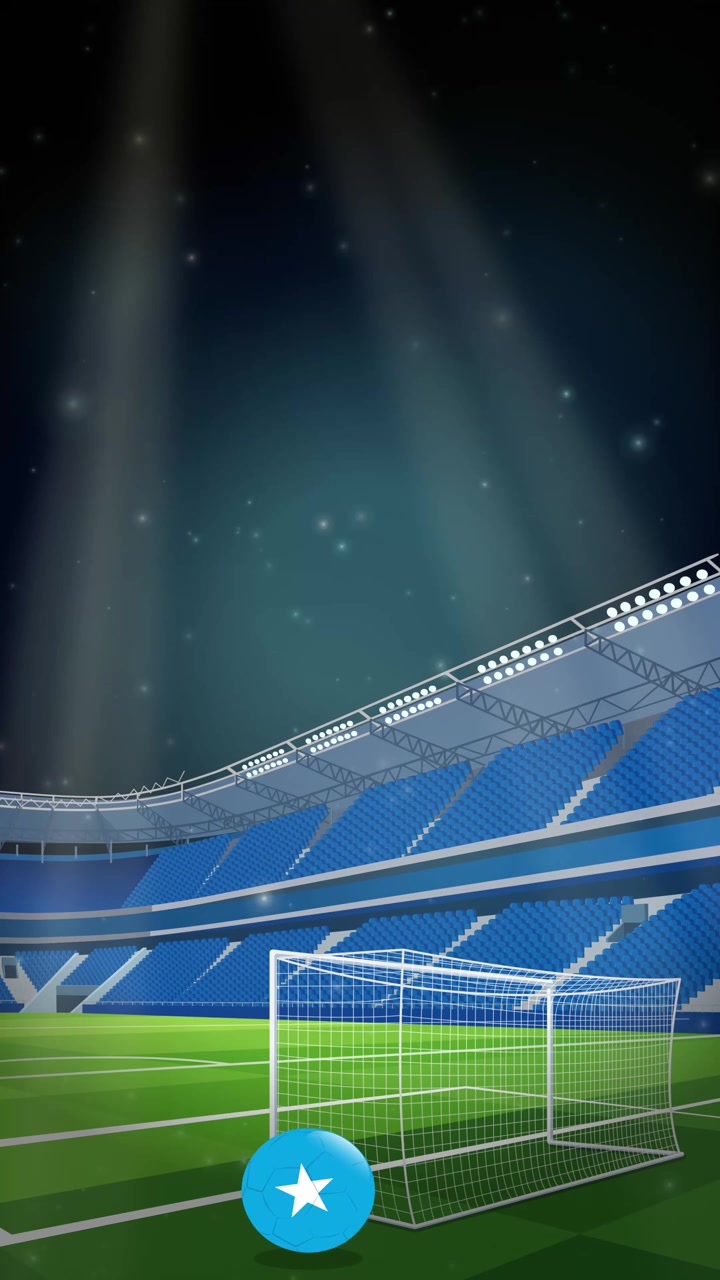 Luminous blue star icons drift upward against a night stadium background with bright spotlights.