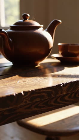 traditional teapot and teacup on a wooden table bathed in sunlight