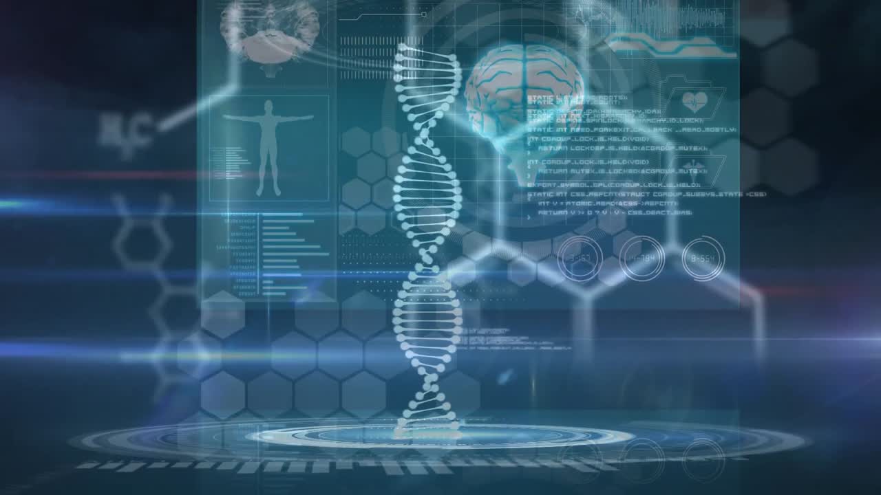 Animation of rotating dna strand and data processing on interface, on black