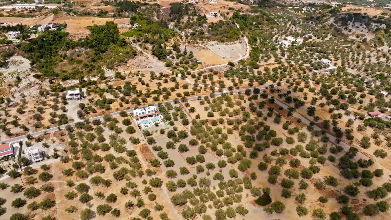 Aerial tracking shot of olive trees and homes on the Greek countryside, sunny day