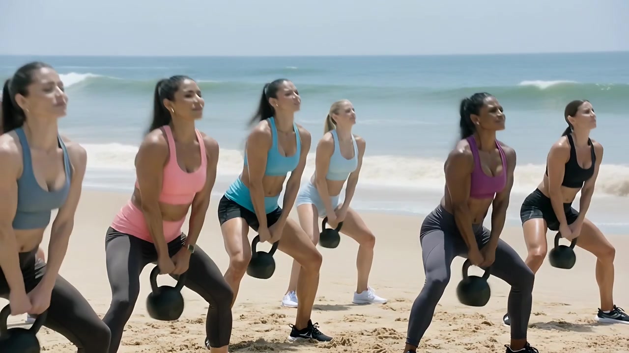 Sei donne che oscillano dopo il segnale, eseguendo kettlebell swings su una spiaggia sabbiosa per fitness in abbigliamento sportivo.