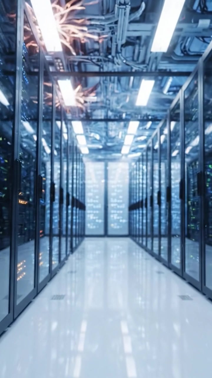A Glimpse Inside a Modern Data Center: High-Tech Storage Infrastructure with Rows of Servers Illuminated in Blue Light for Cutting-Edge Computing Capabilities