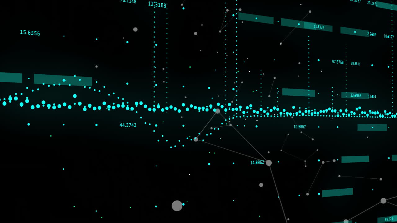 Animating teal waveform with linked node icons and floating numeric bars across dark digital space