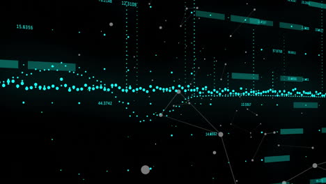 animating teal waveform with linked node icons and floating numeric bars across dark digital space