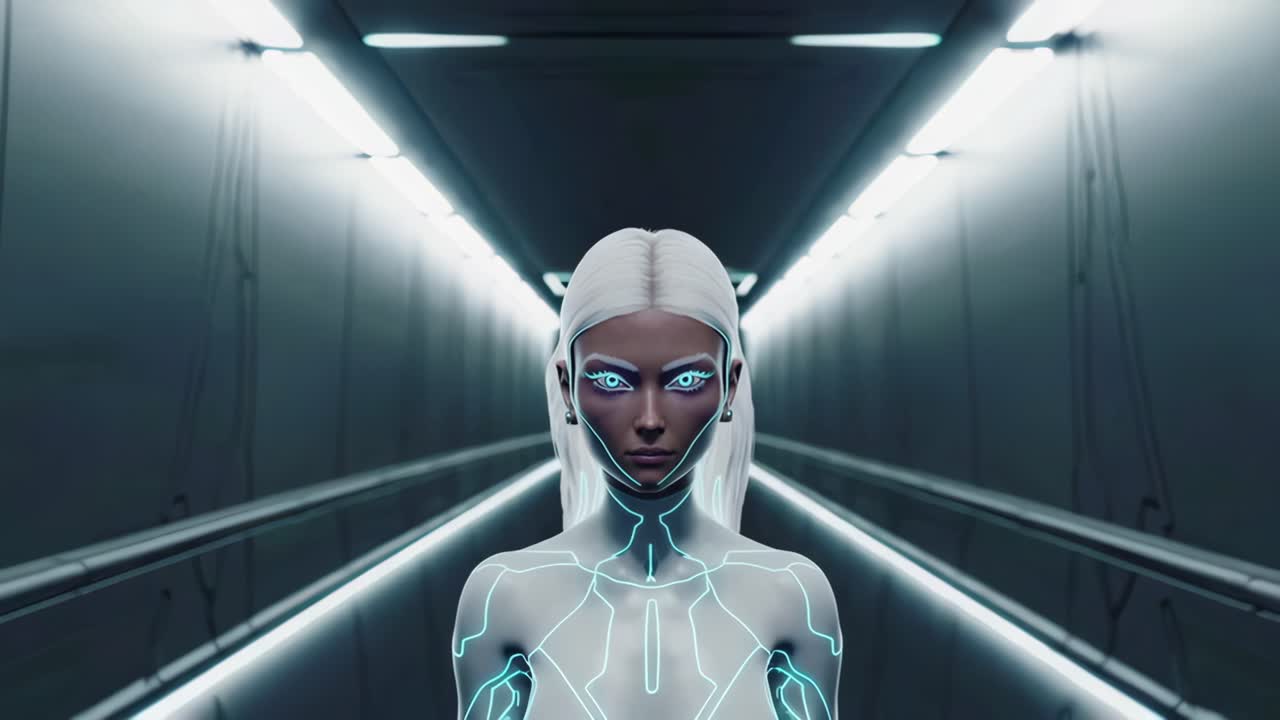 Female android with pale skin, glowing blue circuitry network, standing confidently inside sleek spaceship hallway, representing cutting edge artificial intelligence and technological innovation