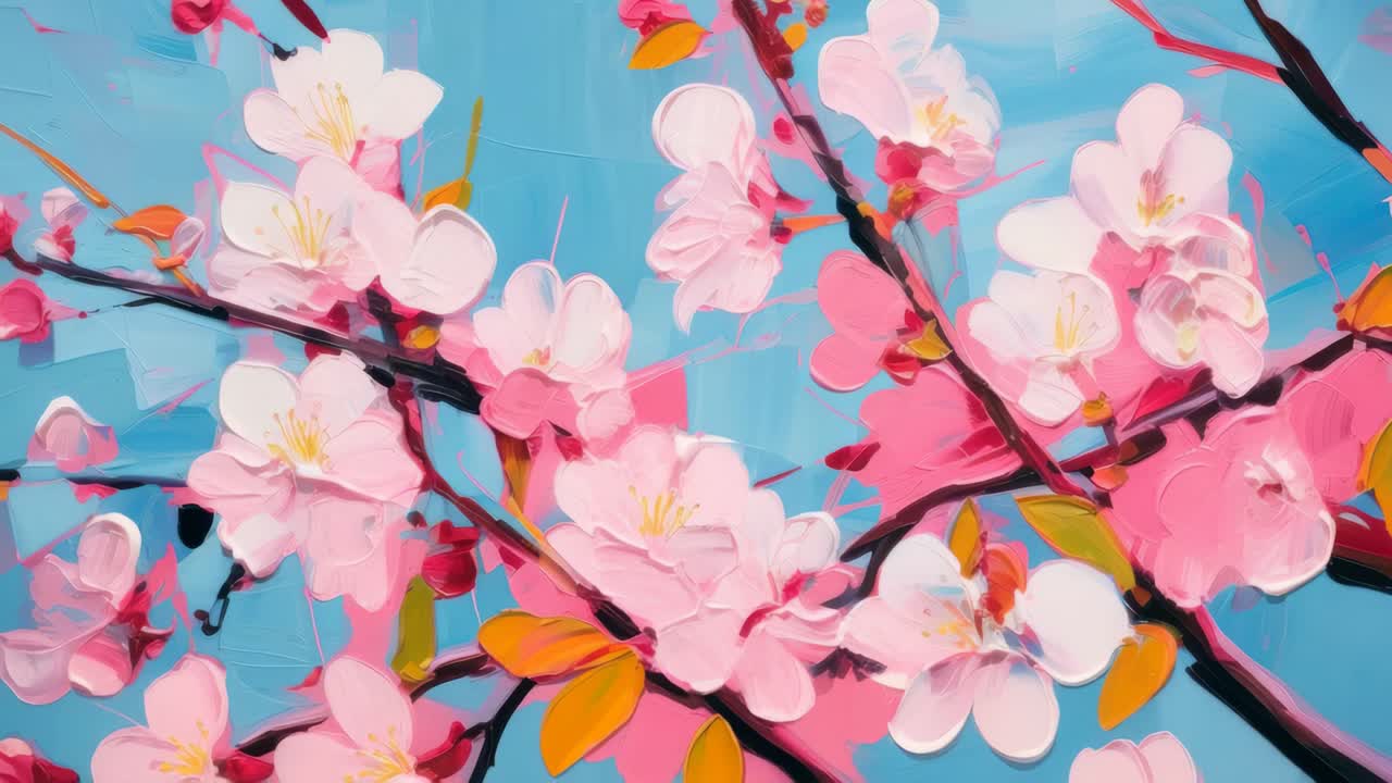 Vibrant impressionist painting of cherry blossoms against a blue sky