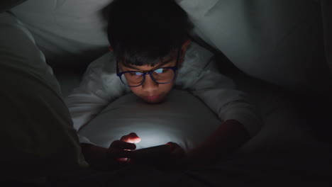 집에서 침실에 있는 어린 소년의 근접 사진, 휴대 전화로 문자 메시지를 보내고, 밤에는 개나 침대 위에 잠자고 있다.