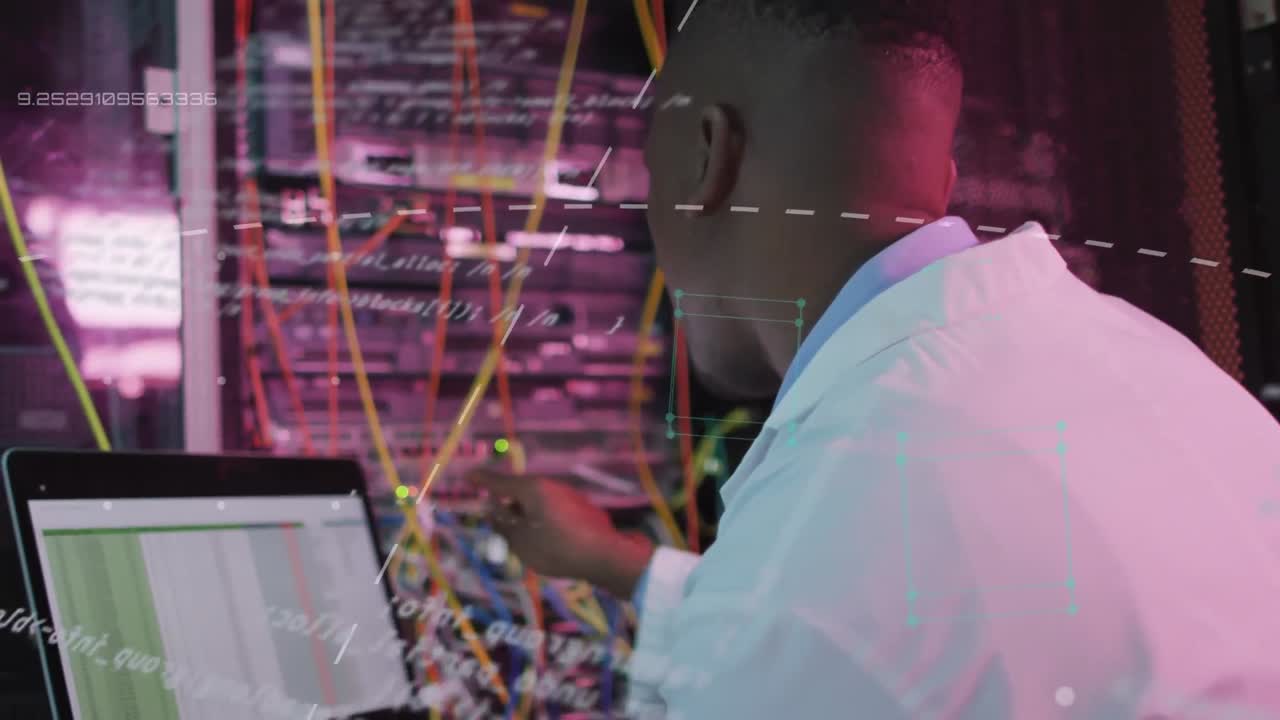 Animation of data processing over african american man working in server room