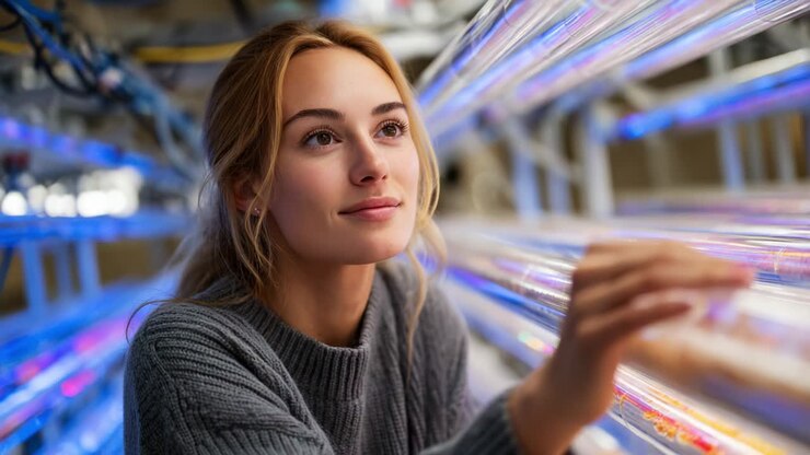 Una giovane donna riflessiva osserva intensamente dei tubi luminosi in un moderno ambiente di laboratorio, riflettendo sulle sue osservazioni scientifiche e sulla complessa tecnologia che la circonda