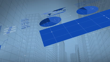 animación de la interfaz infográfica sobre vista de ángulo bajo de edificios modernos contra el cielo
