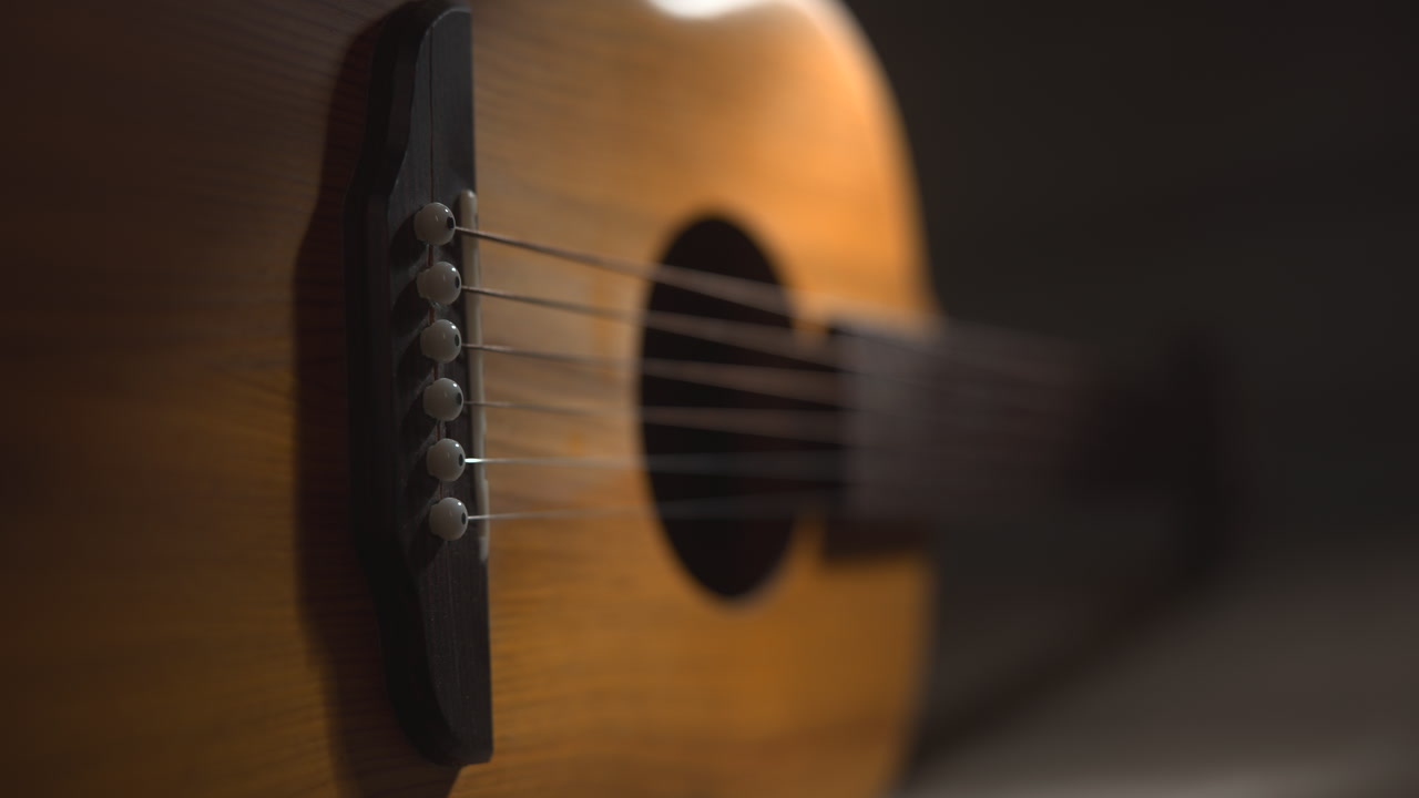 Lowangle Closeup Guitar Soundhole And Bridge Highlighting Rosette Grain And Depth With Warm Studio Spotlight . Media