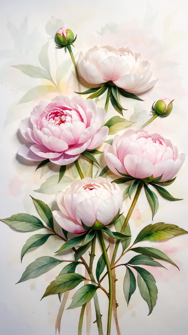Peony Merah Muda Elegan dengan Daun Hijau dan Kuncup