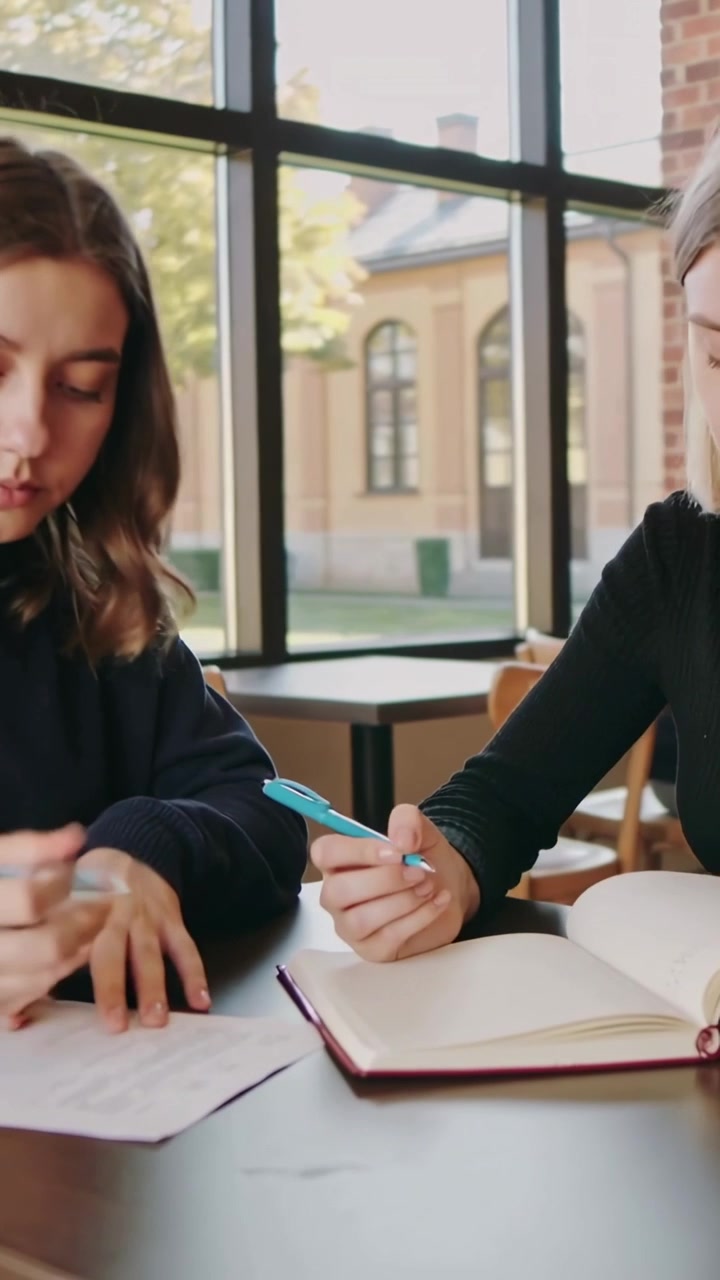 Video verticale: Aprendo gli appunti, due studenti con maglie scure scrivono vicino a una finestra con penne color verde acqua, studiando.