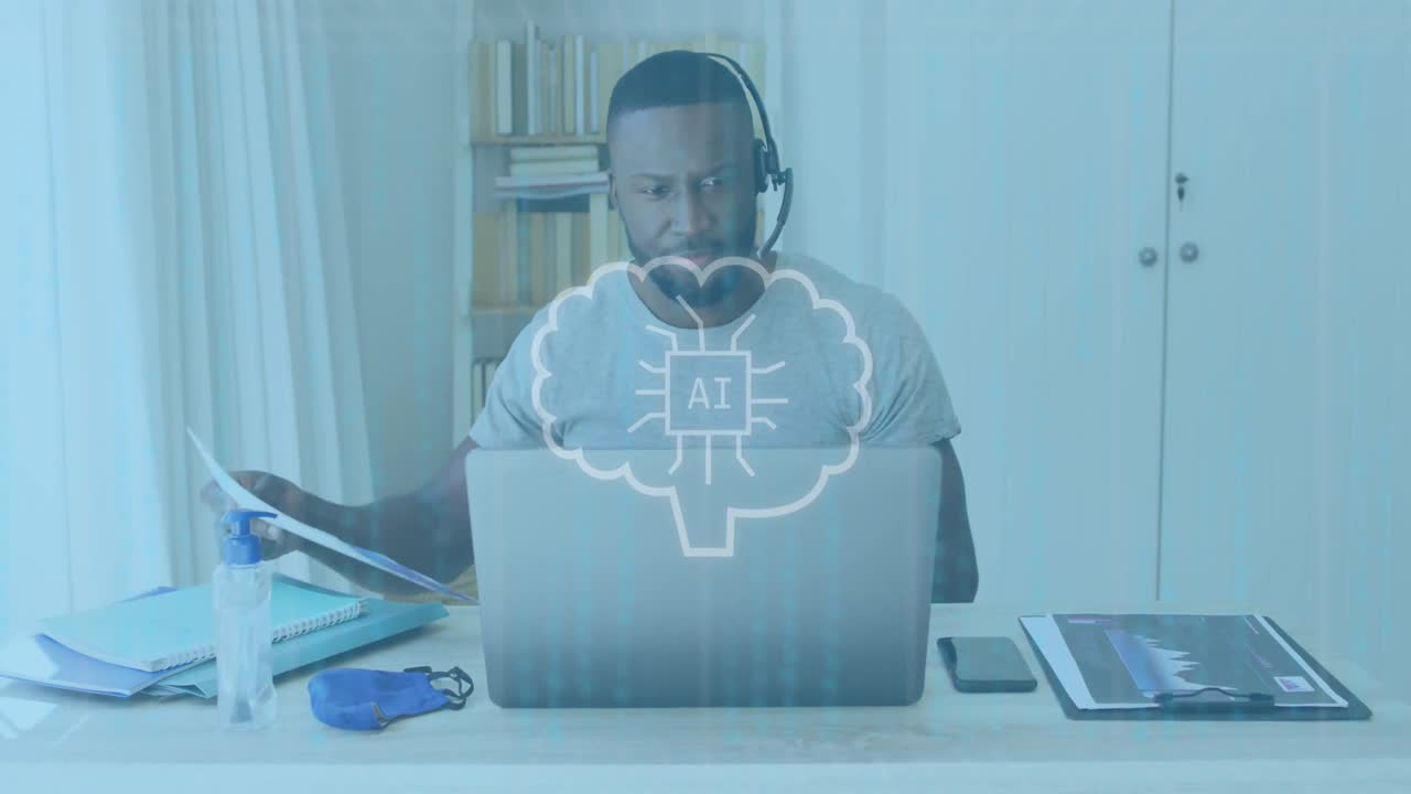 Animation of ai data processing over african american businessman using laptop
