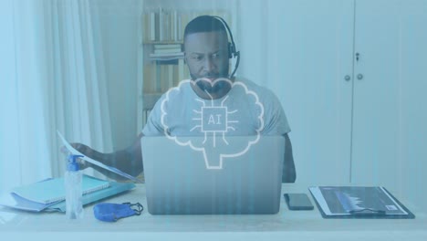animación de procesamiento de datos de la ia sobre un hombre de negocios afroamericano usando una computadora portátil