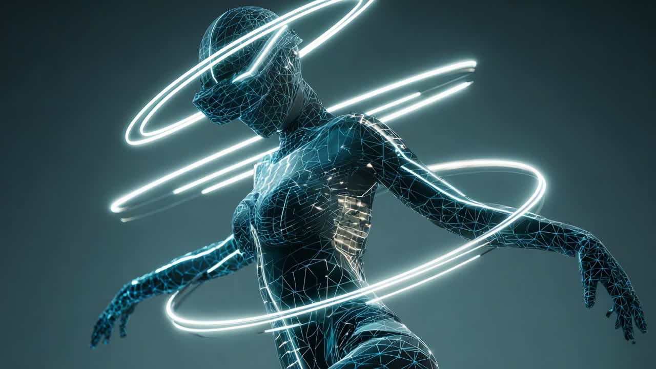 Futuristic VR Wireframe Human Figure with Neon Lights