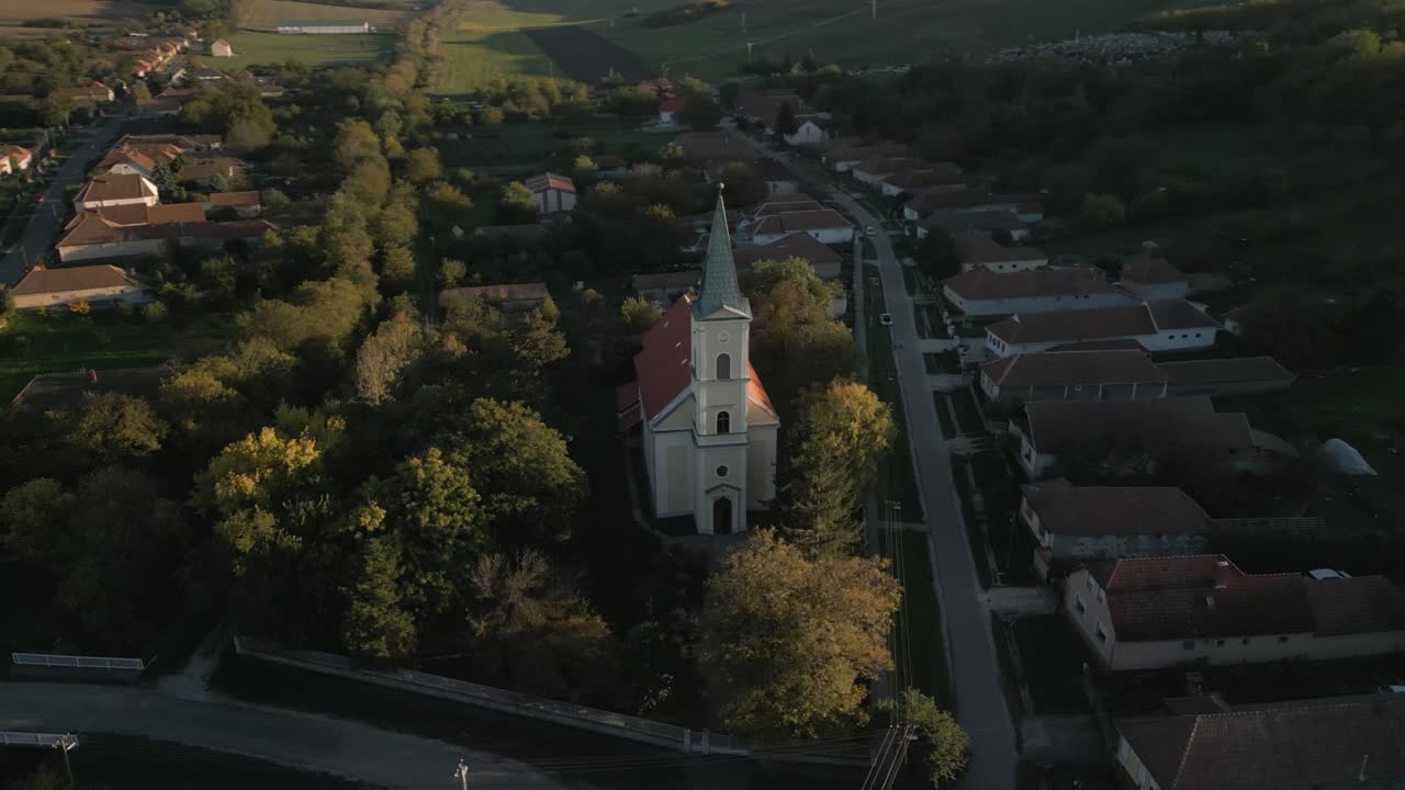 Drone footage of a Hungarian village church