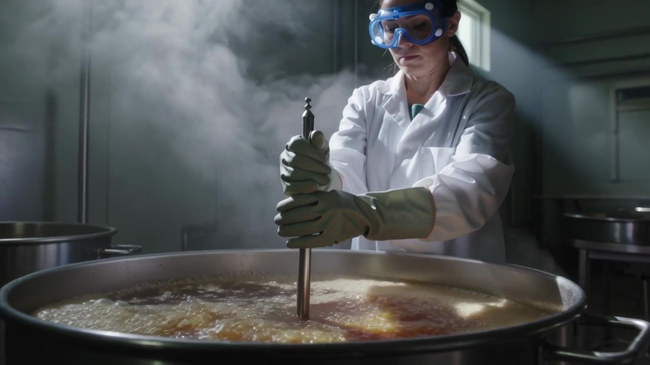Tinaia bollente con un lavoratore in camice da laboratorio industriale, guanti verdi e occhiali protettivi blu che regge un'asta, calmando la schiuma