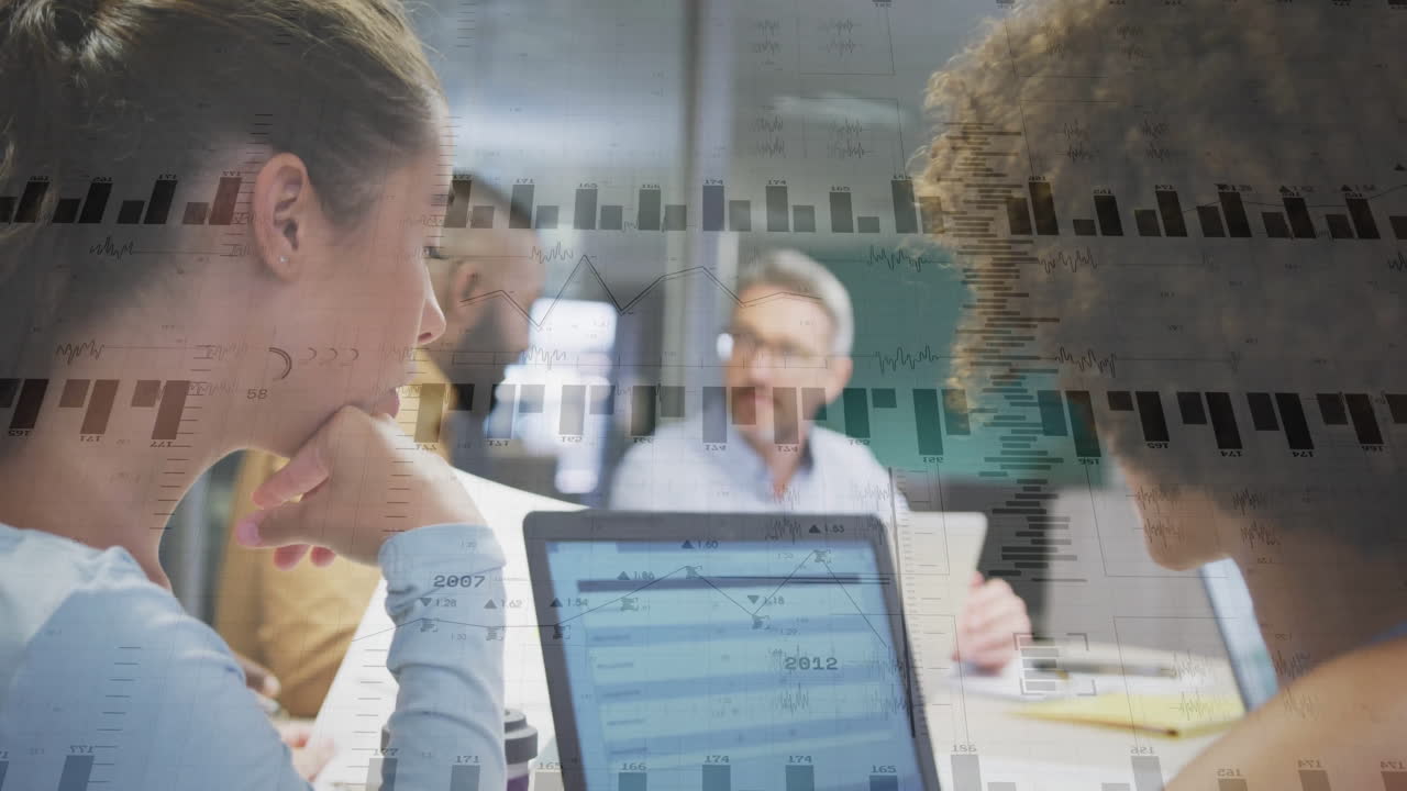 In office, diverse team discussing financial charts with animation during meeting