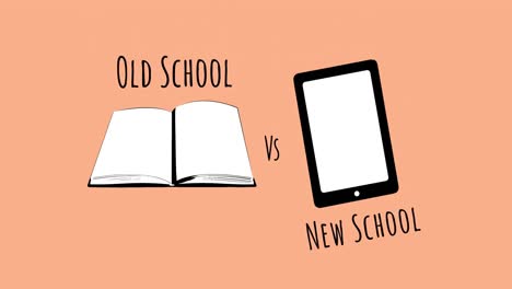 Animation-of-old-school-vs-new-school-text-and-digital-icons-on-orange-background