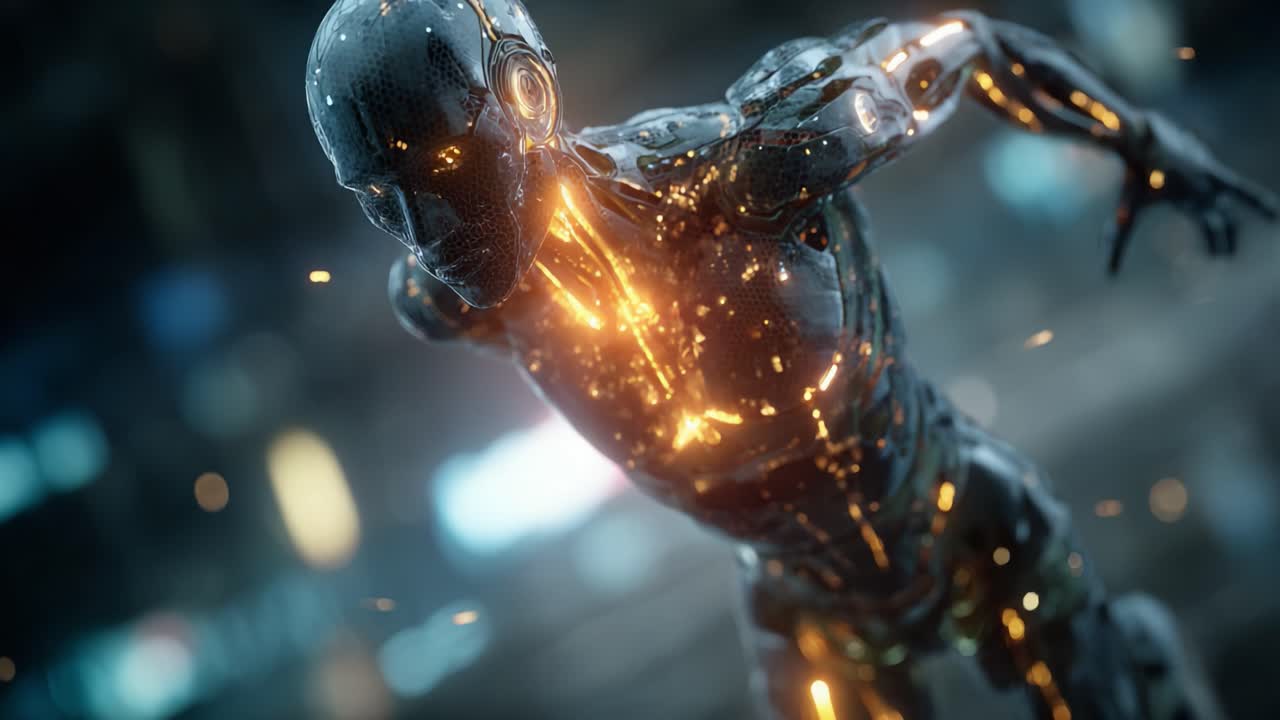 Dynamic Motion of a Futuristic Cybernetic Being Highlighting Technological Advancement and Vibrant Energy Patterns in an Imaginary Environment