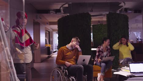 muslim woman in a modern open space coworking office giving a presentation to team. middle eastern arab businesswoman in creative startup office. disabled businessman in a wheelchair on team meeting